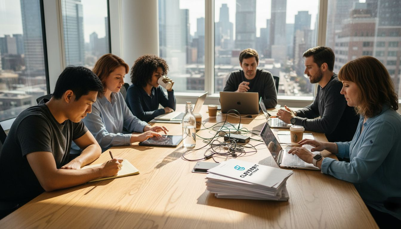 Tech team discussing risks in office