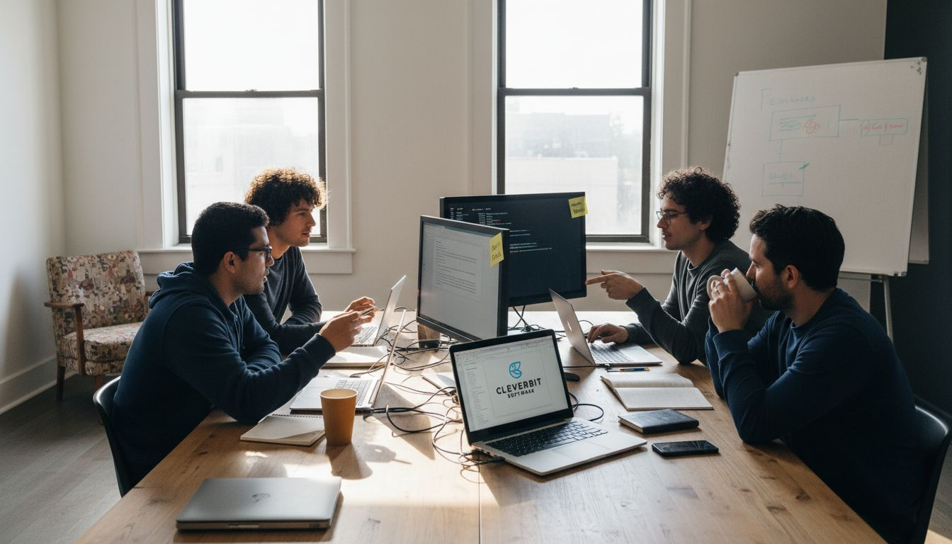 Software team collaborating in a corner office