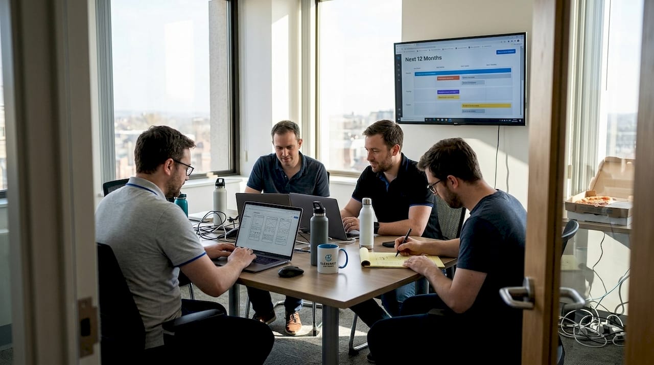 Software team planning project around cluttered table