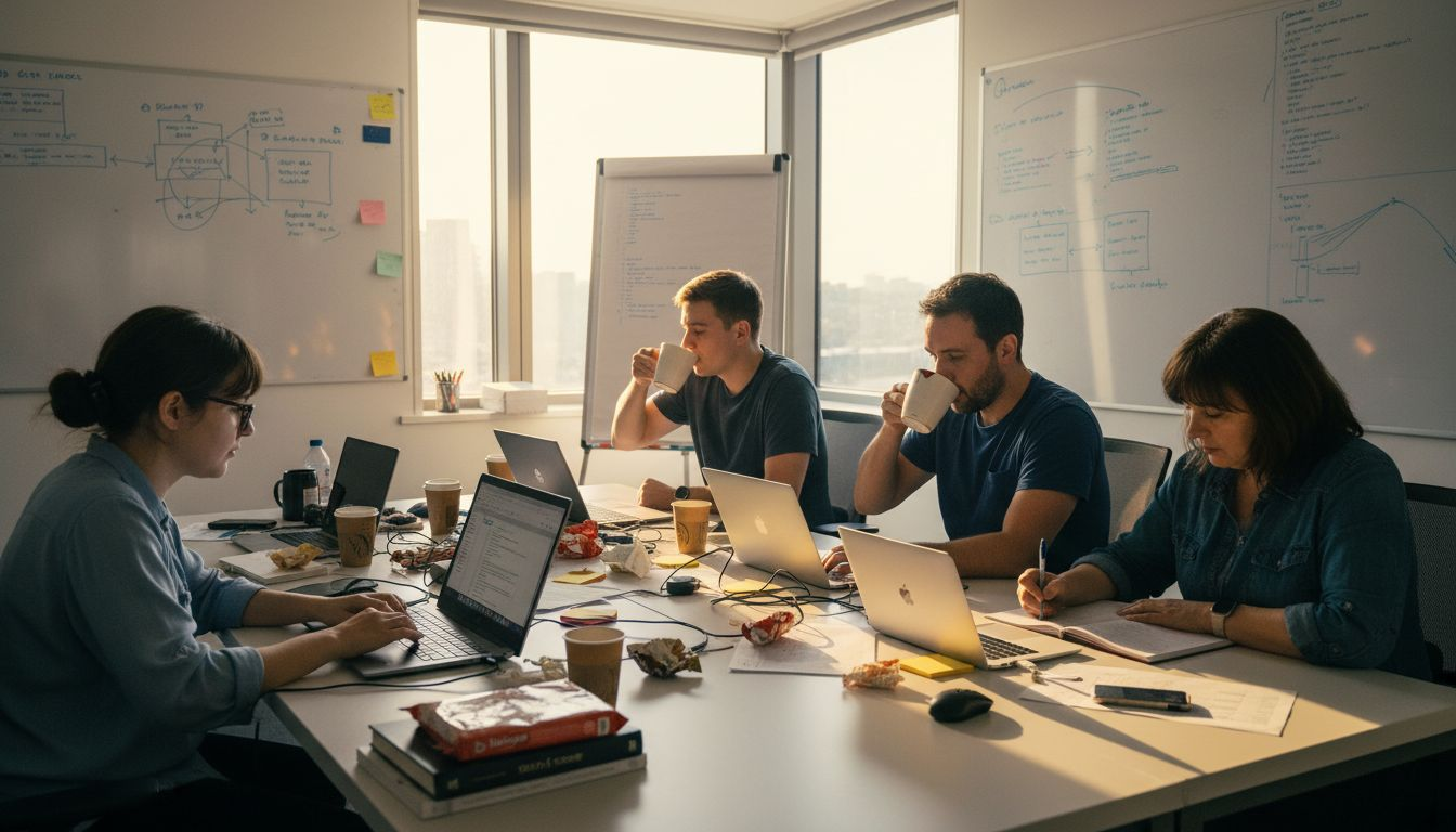 Pilot software team collaborating in corner office