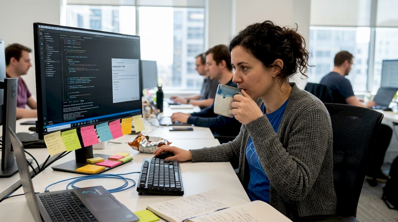 Engineer reviewing AI-generated code at desk