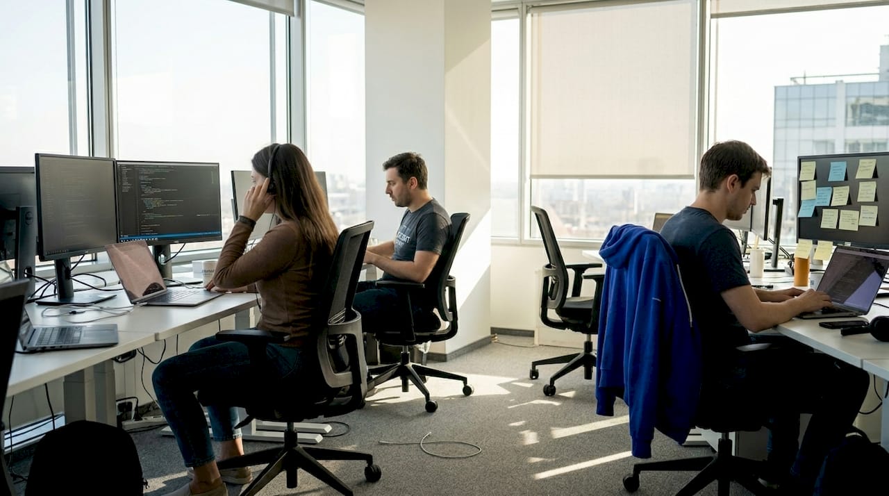 Software engineers collaborating in open office
