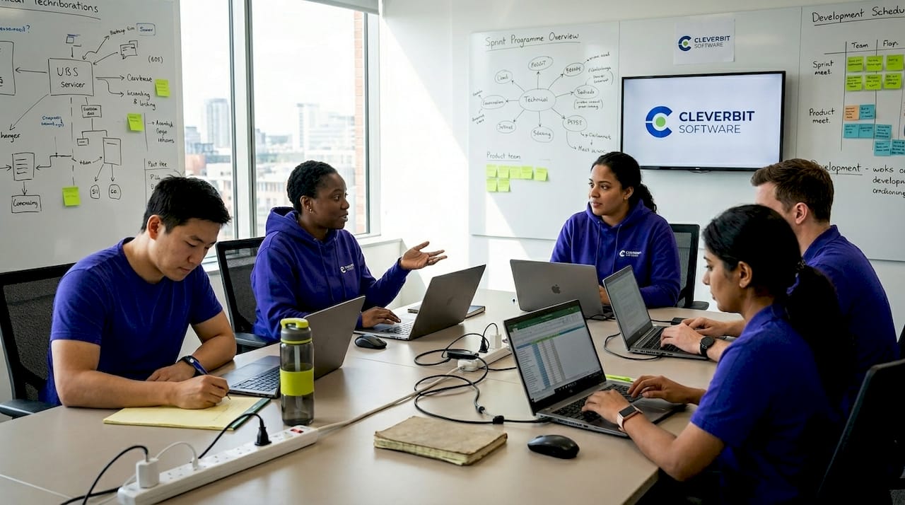 Tech team collaborating at conference table