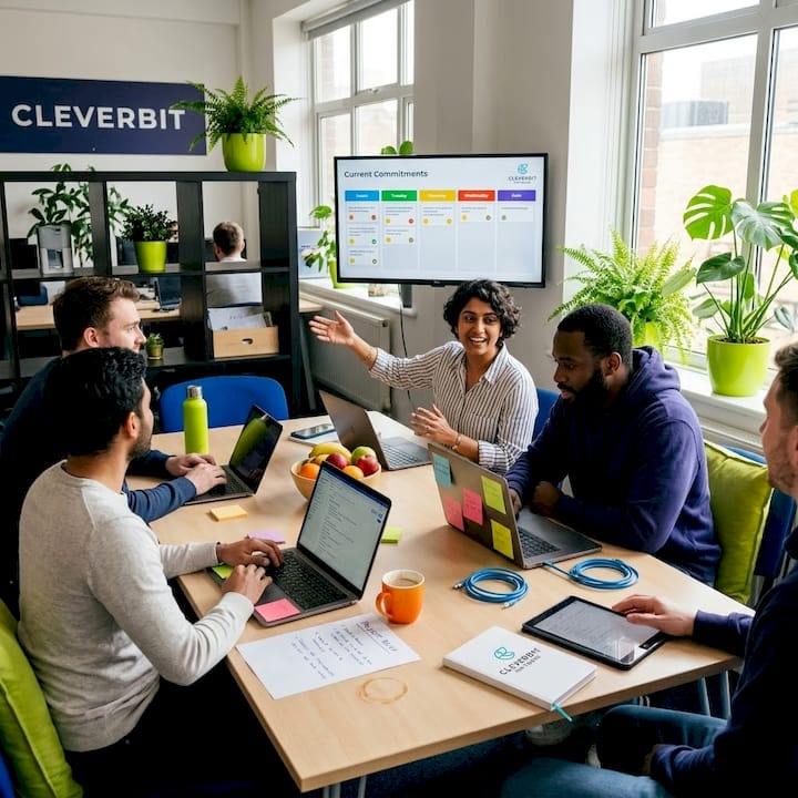 Software team reviewing commitments in meeting