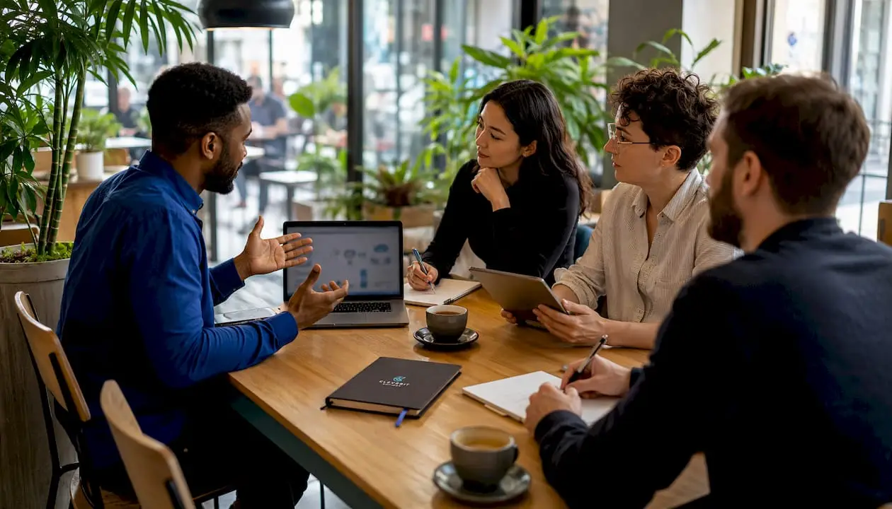 Team discussing AI delivery structures in meeting room