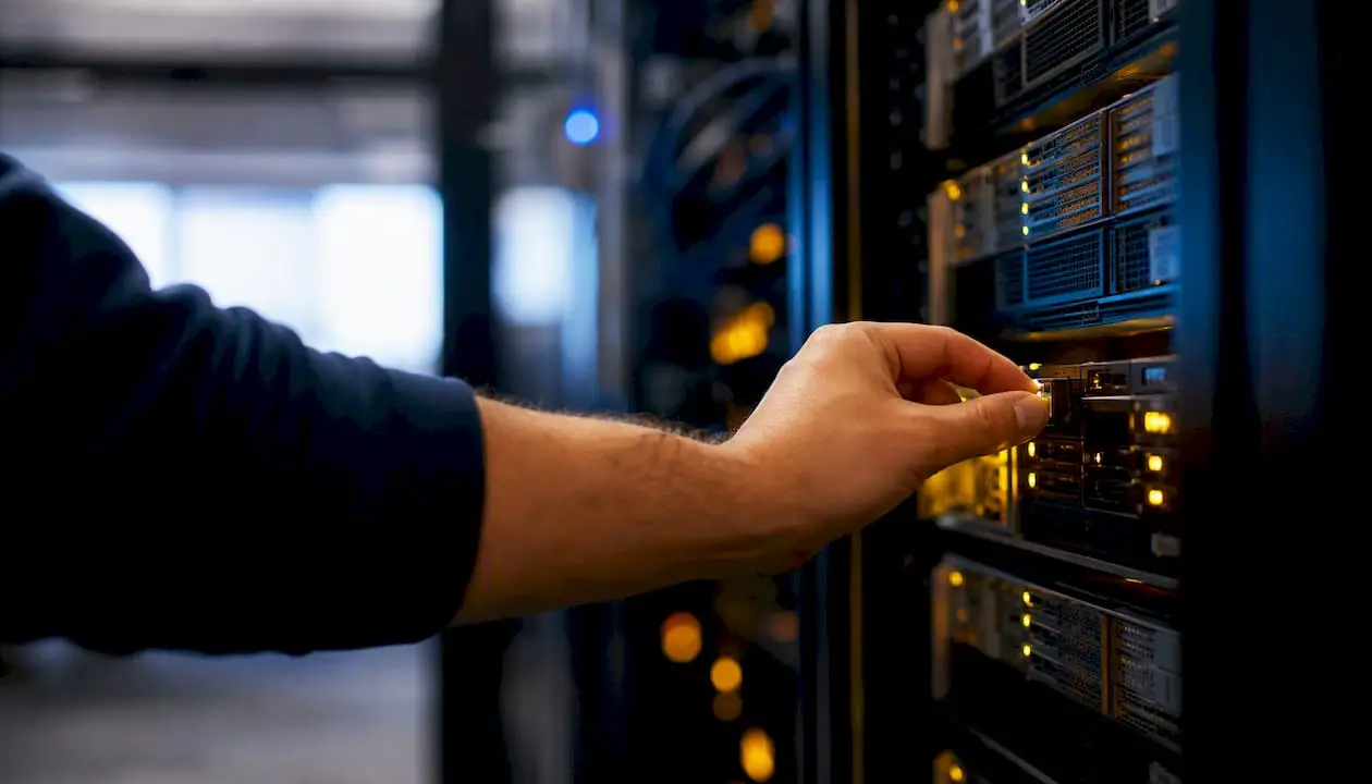 Hand flipping network switch lever in data center